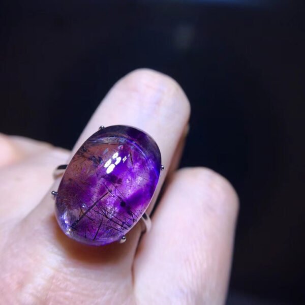 Pure Natural Purple Hair Crystal Purple Super Seven Ring for Women, Mysterious Dream Purple, Crystal Moisturizing 925 Sterling Silver Inlaid Flap Size: 21.8/15mm 10201988