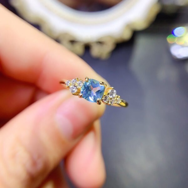 Natural Swiss Blue Topaz Stone Ring, with a main stone size of 5mm square,2610099352